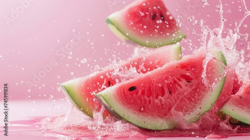 A group of slices of watermelon are being splashed with pink liquid  AI
