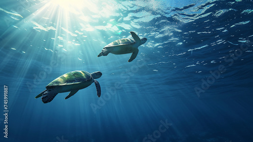 Sea turtles swimming towards the oceanâs surface through beams of sunlight filtering through the water photo