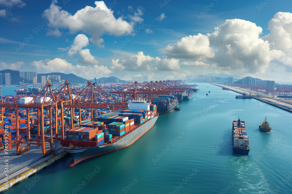 Upon arrival at terminal dock vessel port, container cargo ship is unloaded AI Generative