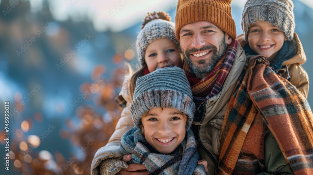 A man and two children wearing hats are standing next to each other, AI A man and two children wearing hats are standing next to each other, AI