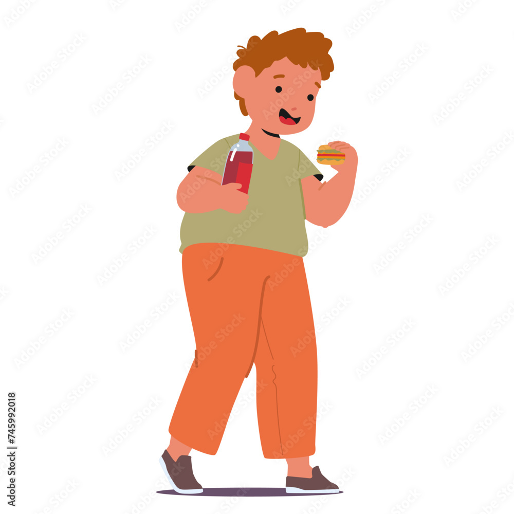 Chubby Boy Indulges In A Hefty Burger And Juice, Delight Evident In His Eyes, Smile Between Bites. Obese Kid