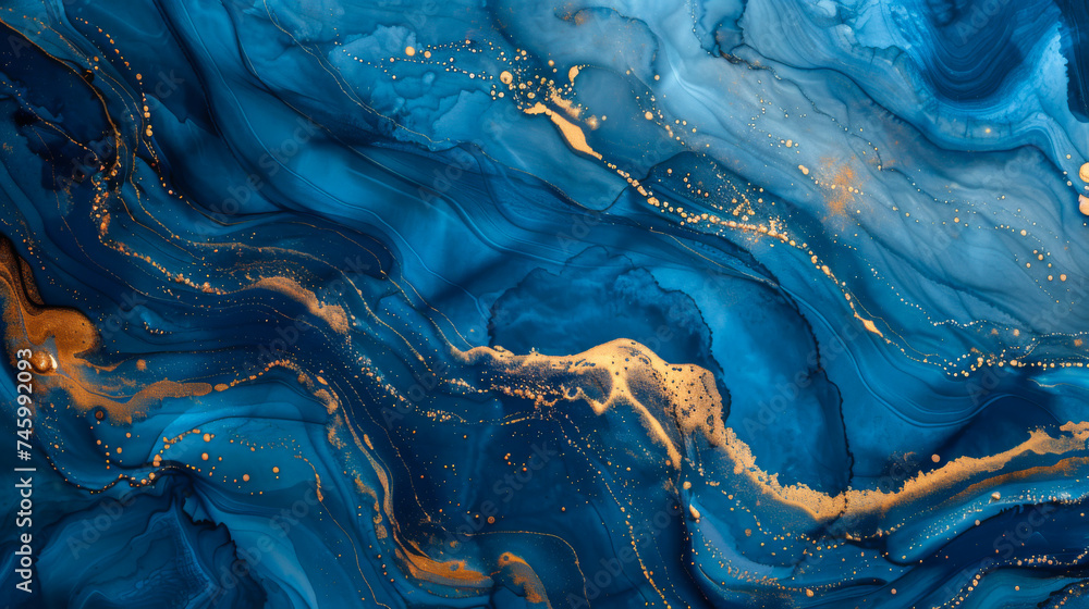 Subtle waves of paint, abstract blue ocean waves, marble lines. Liquid paints, gradient, painting. Alcohol paint stains Tidewater. Abstract art concept. - obrazy, fototapety, plakaty 