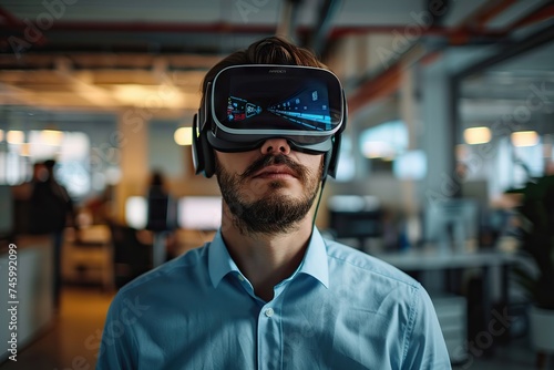 Embracing the Metaverse Young Businessman Engages in Virtual Meeting Using VR Glasses in a Dynamic Start-Up Office.