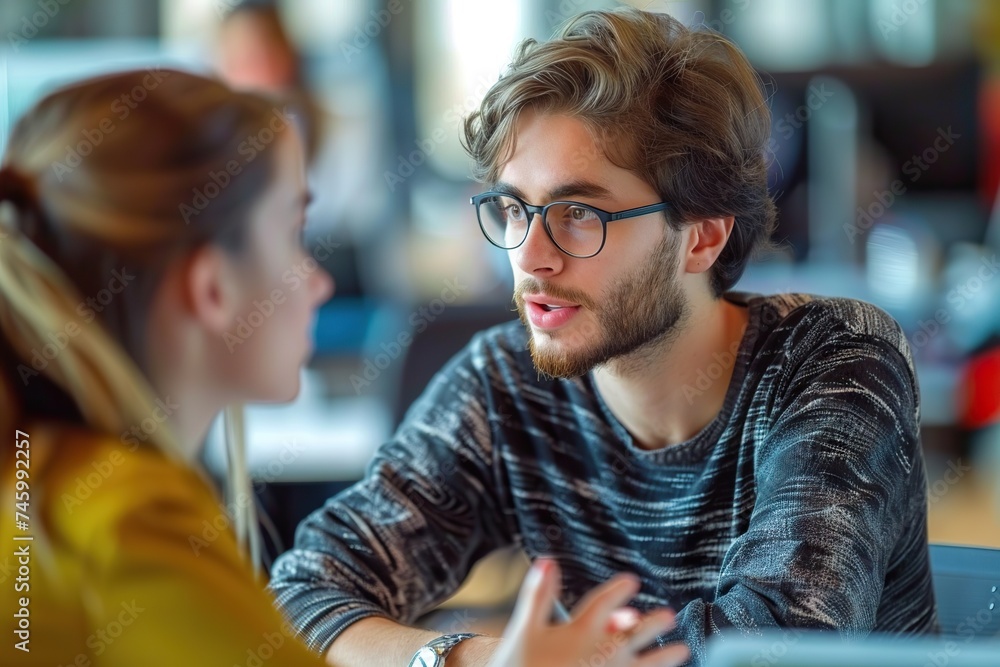 Bridging Ideas Male Programmer Engaged in a Thought-Provoking Discussion with Female Colleague in a Dynamic Tech Start-Up Office. Bridging Ideas Male Programmer Engaged in a Thought-Provoking Discussion with Female Colleague in a Dynamic Tech Start-Up Office.