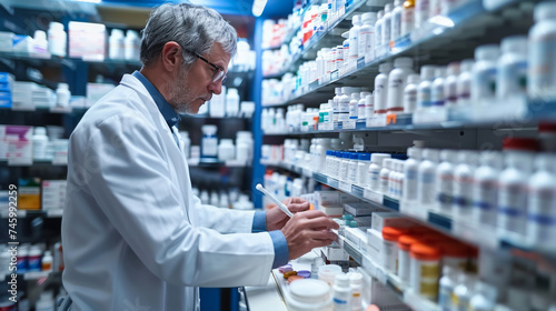 An experienced pharmacist working in a pharmacy selects pills for customers near the shelves with medicines. Medicine concept, pharmaceuticals. photo