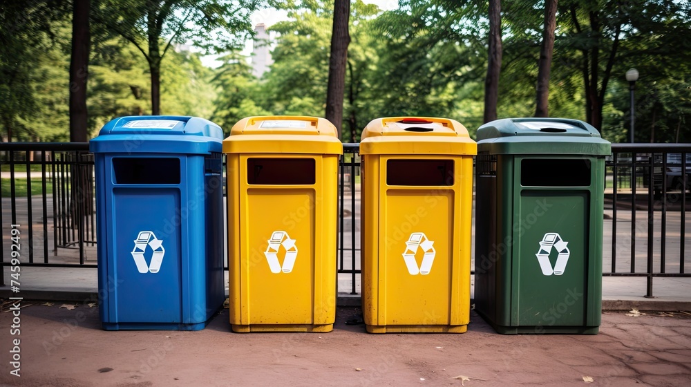 Different color recycling bins in city park. bins for collection of recycle materials. Trash. Big cleaning day Different color recycling bins in city park. bins for collection of recycle materials. Trash. Big cleaning day