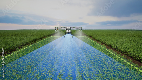 Agriculture drone using lidar scanning to spray fertilizer on the tomato fields, Innovation of smart farming concept, 3d render