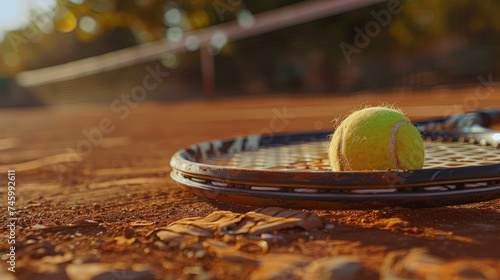 Close Up View Of A Tennis Racket And Ball On Clay Court, Capturing The Texture Of The Red Clay. Tennis Club Or Tennis Competition Background © Immersive Dimension