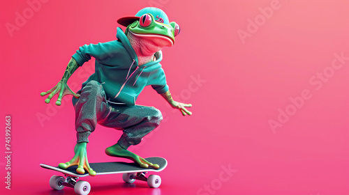 Modern funny frog in a baseball cap rolls on a skateboard in a dynamic pose. Symbol of the day in a leap year, celebrating the event of the frog jump on February 29