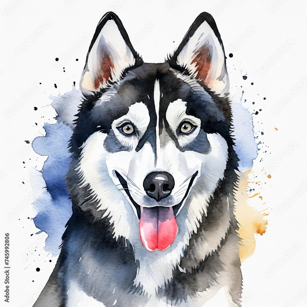 Watercolor illustration of pure breed Siberian Husky dog. Colorful painting of domestic animal.