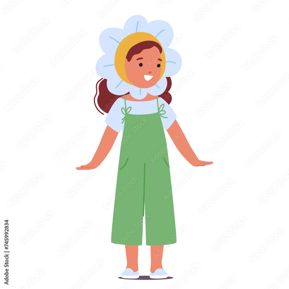 Little Girl In Vibrant Costume Of Petals And Leaves, Embodying Blooming Flower. Her Headpiece Mimics A Blossom Little Girl In Vibrant Costume Of Petals And Leaves, Embodying Blooming Flower. Her Headpiece Mimics A Blossom