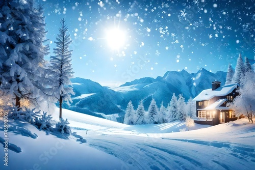 Christmas and New Year Typographical on shiny Xmas background with winter landscape with snowflakes