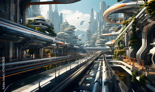 Futuristic city of the future with transport infrastructure. Green buildings are covered with greenery that helps to make urban life more pleasant.