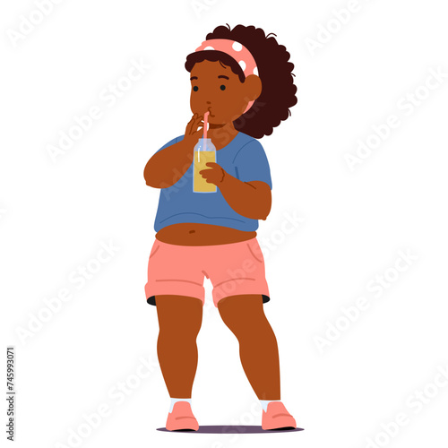 Young Overweight Black Girl Character Holding Glass Bottle, Filled With Vibrant Juice, Sipping Slowly
