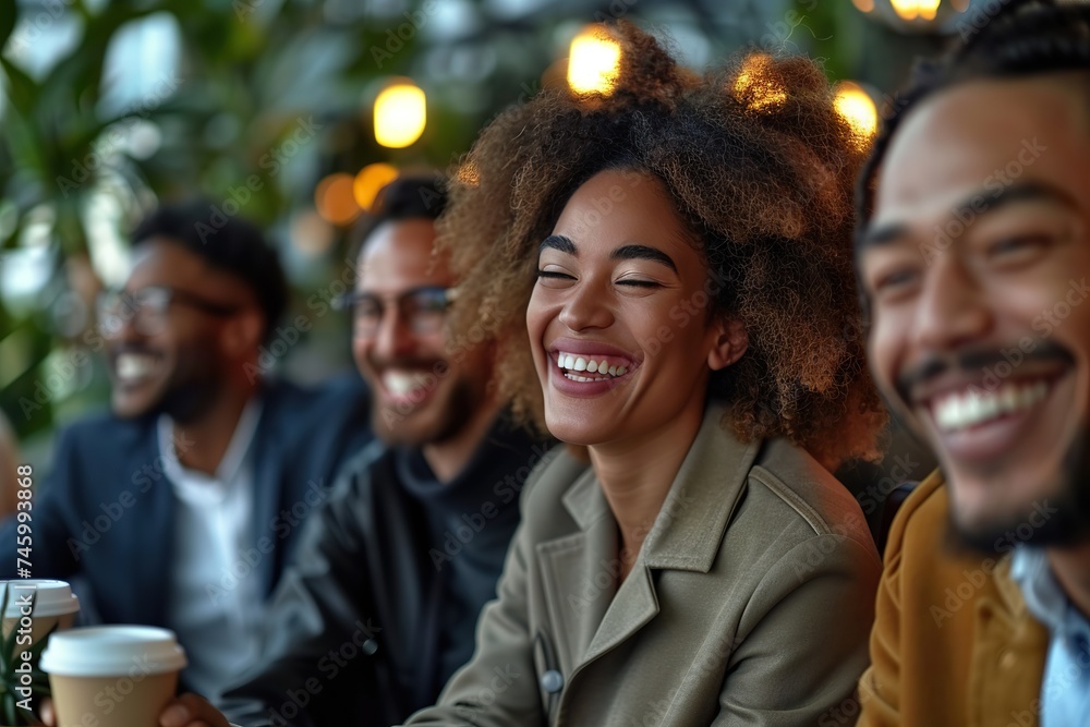 Harmony in Diversity A Group of Businesspeople Enjoying a Lively Meeting in the Lounge of a Modern Office, Exemplifying Unity in Professionalism.