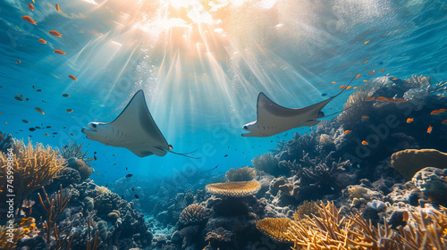 Stingrays gliding gracefully near coral reefs with sunbeams filtering through above them  photo