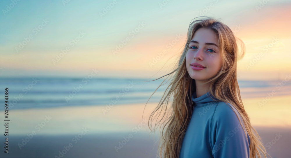 Portrait on the beach young woman with long blond hair