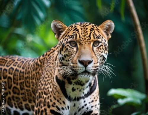 Jaguar close-up. Blurred jungle as background © orelphoto