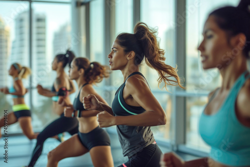 Group of Latin American women in fitness clothing doing exercise in the gym photo