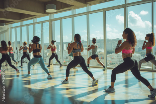 Group of Latin American women in fitness clothing doing exercise in the gym