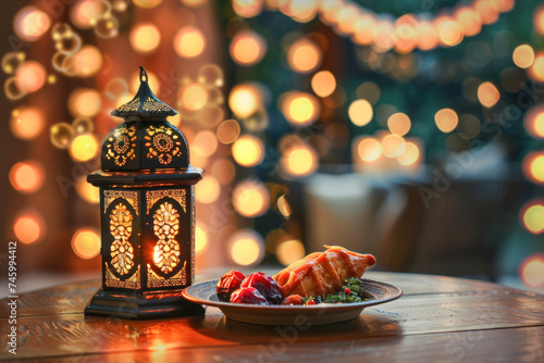 Ramadan and Eid al fitr concept. Dates with traditional lantern Light Lamp