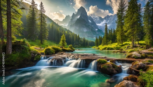 The tranquil atmosphere of nature with lush green forests, proud mountain silhouettes, and the cool waters of waterfalls