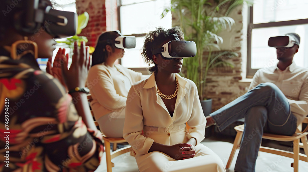 Obraz premium A diverse group exploring virtual reality in a relaxed living room setting. Modern innovative technologies in everyday life, psychological reboot, joint learning, discussion