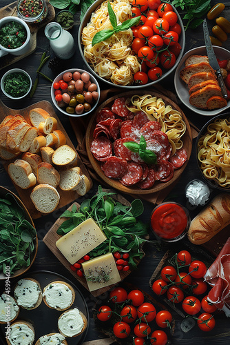 tavola ricca di diverse pietanze in stile italiano, prosciutto, olive e formaggi misti, tavola con pietanze disposte in modo ordinato photo