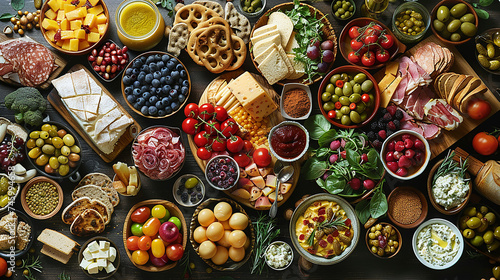 tavola ricca di diverse pietanze in stile italiano, prosciutto, olive e formaggi misti, tavola con pietanze disposte in modo ordinato