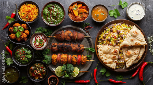 tavolo pieno di diversi tipi di cibo indiano, vista dall'alto