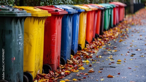 A row of colorful trash cans lined up on a sidewalk, AI