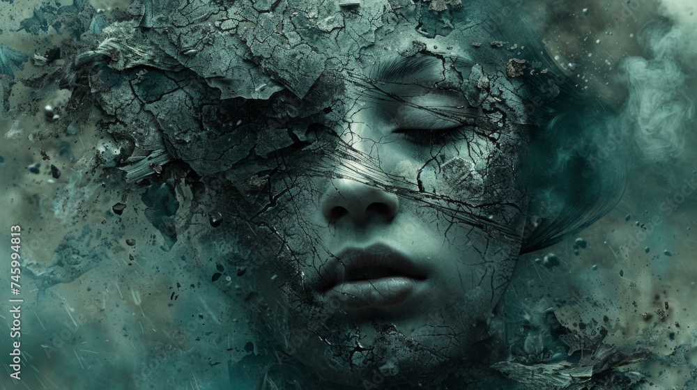 A woman with her eyes closed and a face covered in broken glass, AI