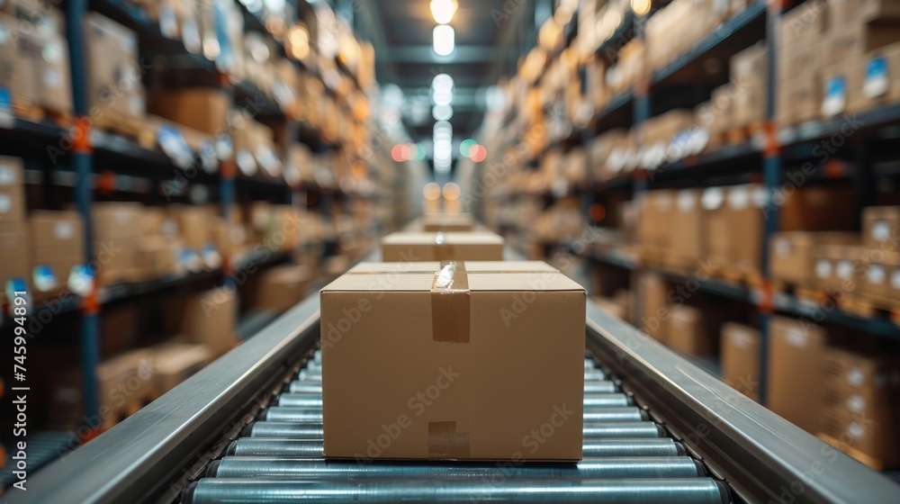 Carton boxes in a row on Conveyor belt, close up. Warehouse for product storage and logistics.