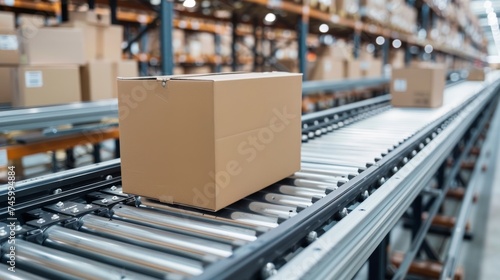 Carton boxes in a row on Conveyor belt, storage warehouse and logistics, Handling and distribution
