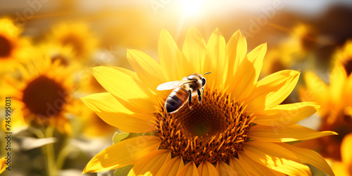 Bumblebee Sunflower, Bees gather sunflower nectar dusted in yellow pollen, Bee is collecting honey, Generative AI © Ali