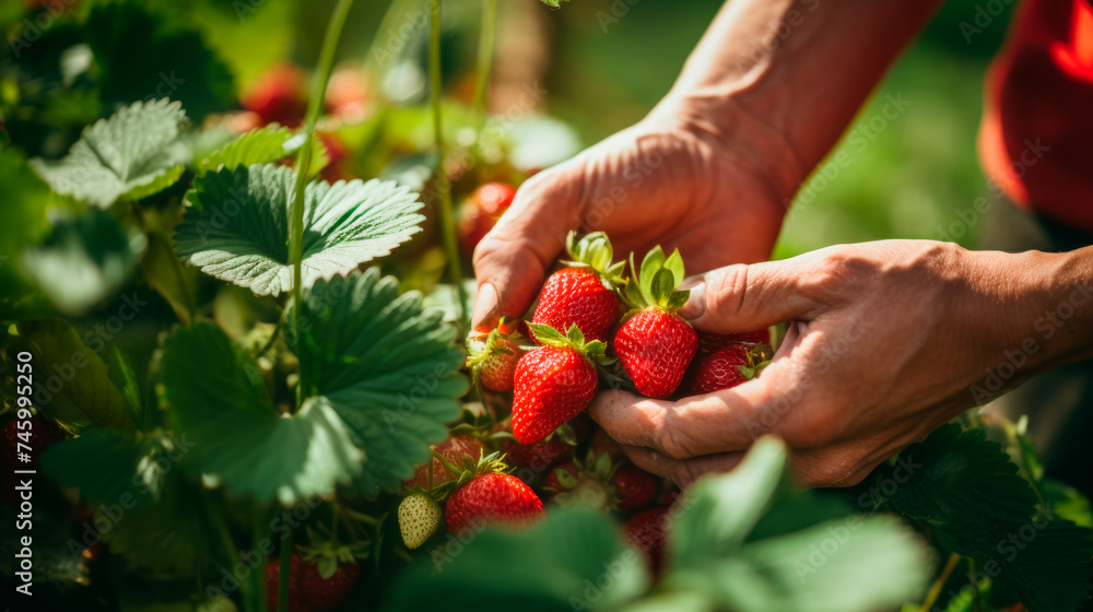 Hands picking strawberries in the garden Hands picking strawberries in the garden
