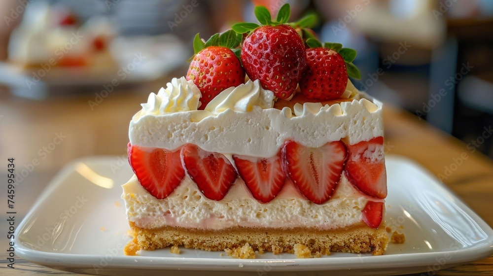 A close up of a piece of cake with strawberries on top, AI A close up of a piece of cake with strawberries on top, AI
