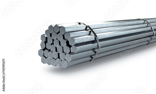 Metal hexagon bars, rolled metal. 3D rendering