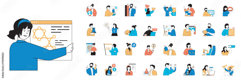 Education concept with character situations mega set in flat web design. Bundle of scenes people learning at school or university, gaining skills and knowledges, doing science. Vector illustrations. - obrazy, fototapety, plakaty 