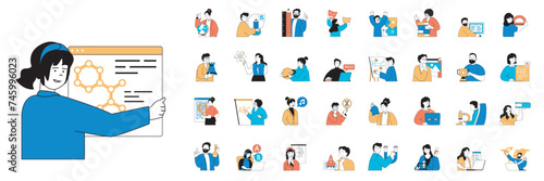 Education concept with character situations mega set in flat web design. Bundle of scenes people learning at school or university, gaining skills and knowledges, doing science. Vector illustrations.