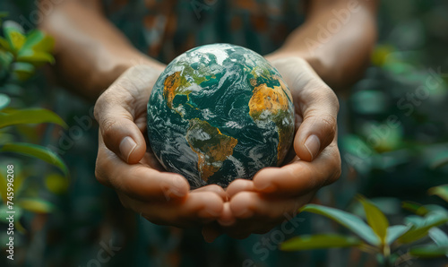 Earth globe in human hands on green natural background. World environment day concept.