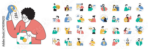 Travel concept with character situations mega set in flat web design. Bundle of scenes people go on vacation tours, buying tickets online, sightseeing with guide excursions. Vector illustrations.