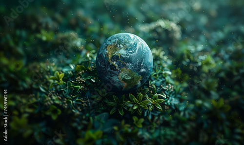 Earth globe resting in bed of grass