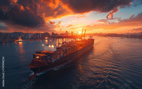 Container cargo ship in import export business logistic and transportation of international by container cargo ship boat in the open sea,