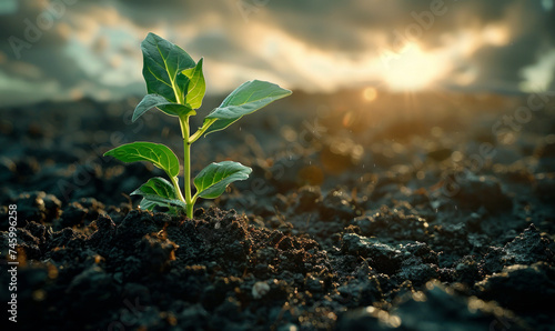 Young plant growing on the soil with dark background and sunlight photo