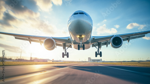 Passenger plane is landing of the airport takeoff on airport runway. Aviation and air travel passenger plane lands on the runway. Transportation and logistics concept.