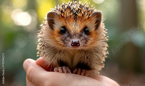 Small hedgehog sits on human hand
