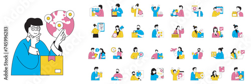 Delivery concept with character situations mega set in flat web design. Bundle of scenes people sending parcels, using couriers and global shipping service, tracking packages. Vector illustrations.