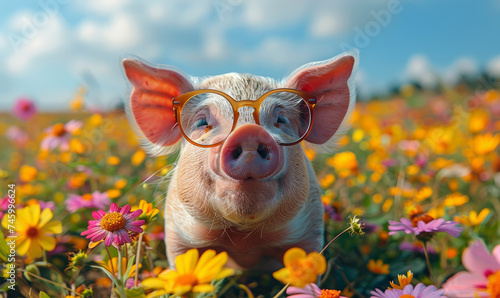 Funny pig in field with flowers