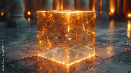 Glowing Golden Cube on a Wet Cobblestone Floor at Twilight. Futuristic Cube Background.